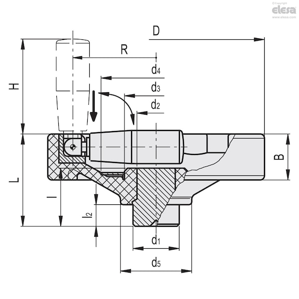 Elesa Safety fold-away handle, solid hub, VDN.150 FP+IRS - VDN.FP+IRS