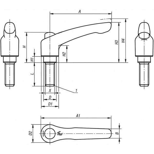 Kipp Adjustable Handle, Mod. Des., Protective Cap Sz. 2, 1/4-20X45, Cast Zinc Orange RAL2004, Steel - K0122.92A22X45
