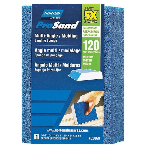 Esponja de lijado Norton Co ProSand, 10.5 cm de largo, 7.9 cm de ancho, 120 Granos, Medio, Abrasivo de óxido de aluminio - 82069