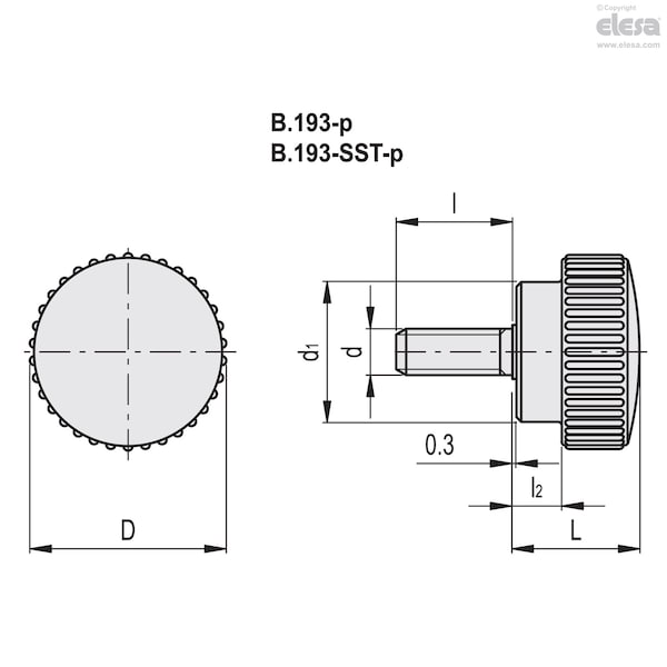 Elesa Stainless steel threaded stud, B.193/30-SST-p-M8x16 - B.193-SST-P