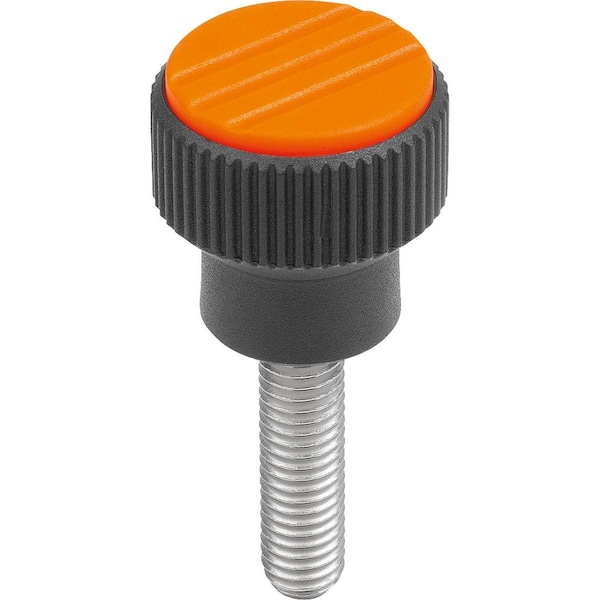 Kipp Knurled Knob Size:1 D=M06X20, D1=21, H=22, Plastic Black Ral7021, Comp:Steel, Cap:Orange Ral 2004 - K0247.1061X20