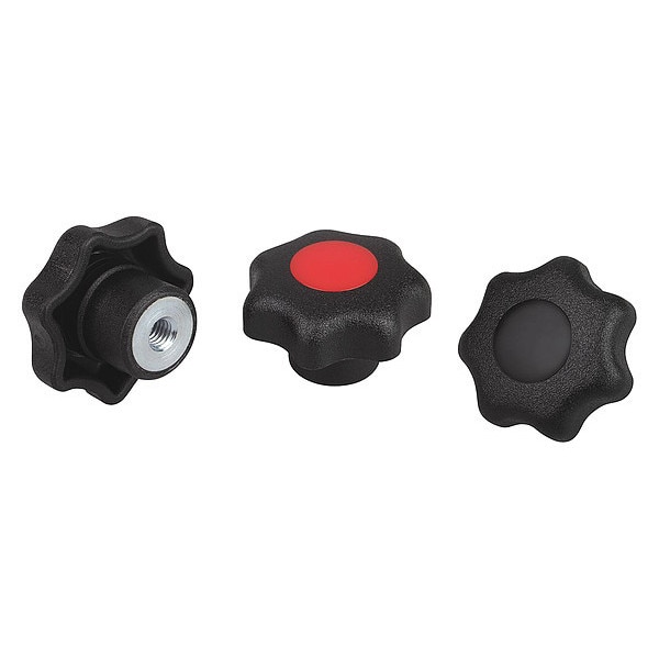 Kipp Star Grip, DIN 6336 Similar, D=M10, D1= 40, Tapped Bushing, Steel, Black Plastic, Cap: Red - K0155.21016