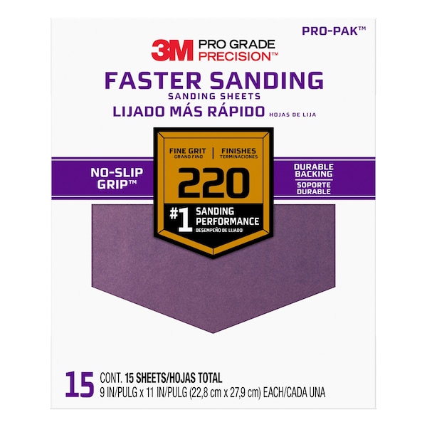 Hoja de papel de lija 3M, grano 220, 9"W, paquete de 15 - 27220PGP-15