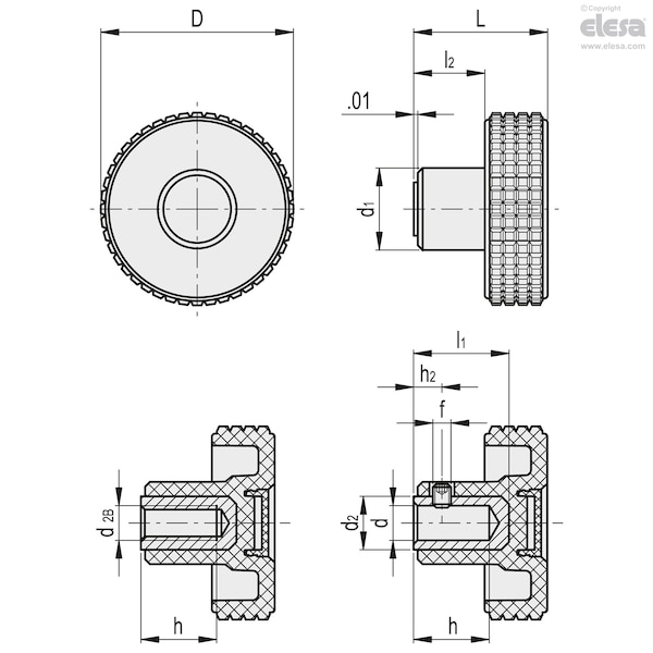 Elesa Brass boss, plain or threaded blind hole, MBT.60 B-3/8-C5 - MBT-B (INCH SIZES)