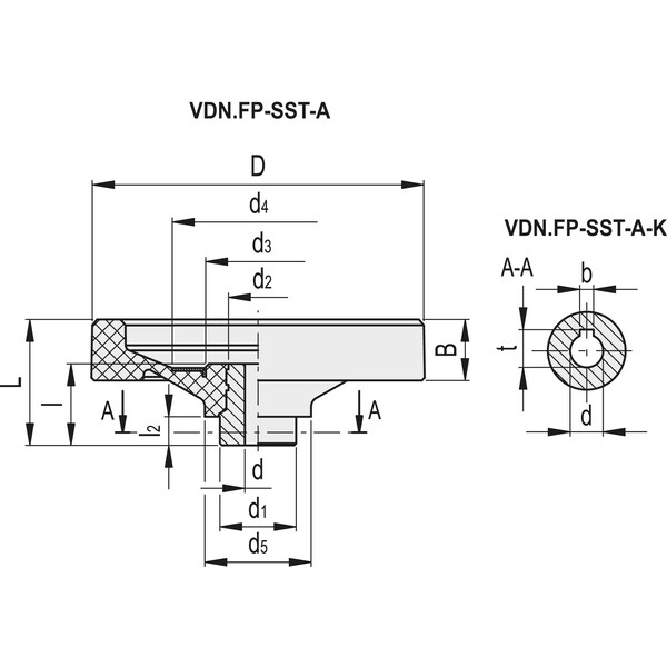 Elesa Without handle, drilled hub, VDN.250 FP-SST-A24 - VDN.FP-SST-A