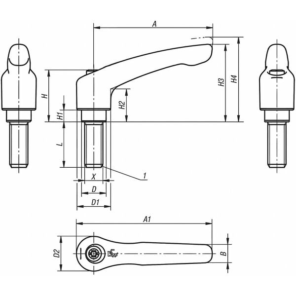 Kipp Adjustable Handle, Modern Design, Sz. 2, 1/4-20X45, Die Cast Zinc Silver Metallic, Comp: Steel - K0122.2A23X45