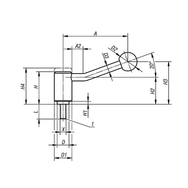 Kipp Adjustable Tension Levers in stainless, with ext. thread, 20 Degree, metric - K0109.4161X90