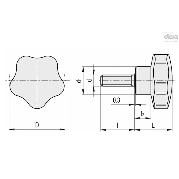 Elesa Stainless steel threaded stud, VC.192/30-SST-p-M6x35 - VC.192-SST-P