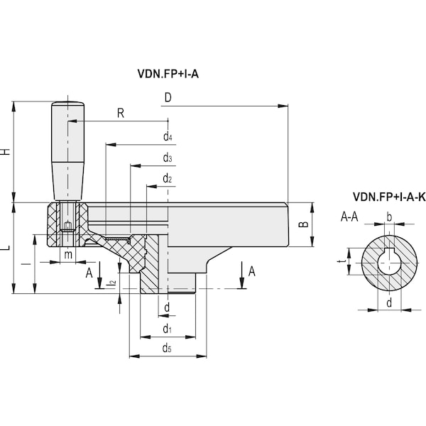 Elesa Revolving handle, drilled hub, VDN.150 FP+I-A 1/2 - VDN.FP+I-A (INCH SIZES)