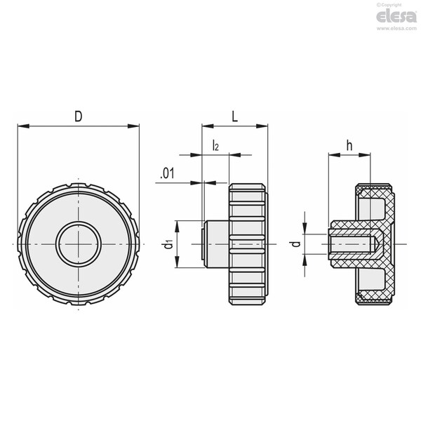 Elesa Brass boss, threaded hole, MBT.45 B-5/16-18-SOFT - MBT-B-SOFT (INCH SIZES)