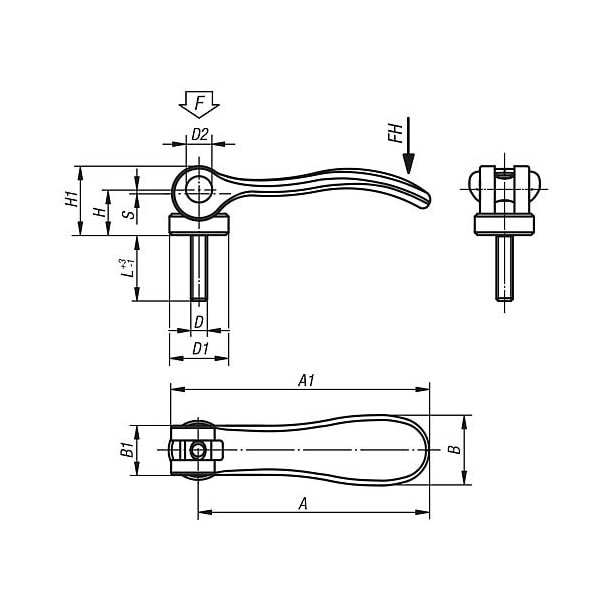 Kipp Cam levers, stainless, with external thread; thrust washer stainless - K0645.9541003X30