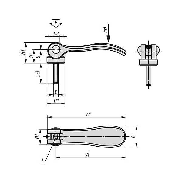 Kipp Adjustable Cam Levers in SS ext. thread, thrust washer SS, inch - K0647.05413A1X20