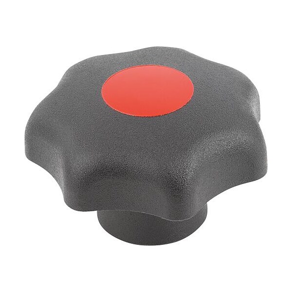 Kipp Star Grip, DIN 6336 Similar, D=M05, D1= 32, Tapped Bushing, Steel, Black Plastic, Cap: Red - K0155.20516