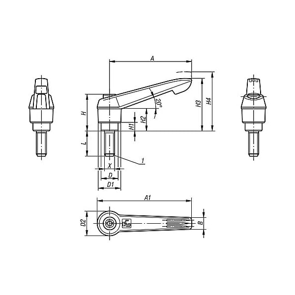 Kipp Adjustable handle, antistatic, M08x20mm extrnl thrd, Handle length 65mm - K0269.1120824X20