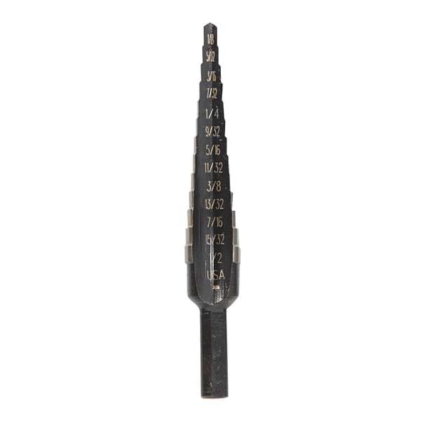 Irwin Step Drill Bit, 13 Hole Sizes, 1/8 in to 1/2 in, 1/32 in Step Increments, Black Oxide Finish - UNIBIT 1