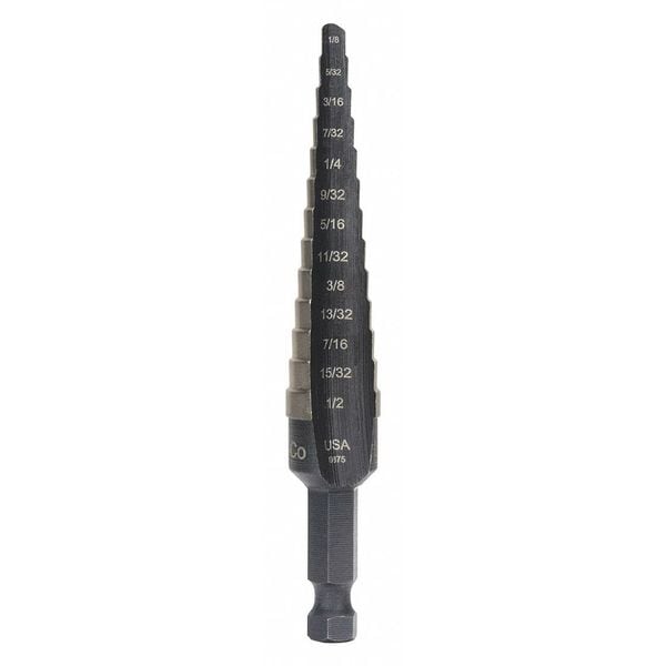 Irwin Step Drill Bit, 13 Hole Sizes, 1/8 in to 1/2 in, 1/32 in Step Increments, Black Oxide Finish - UNIBIT 1