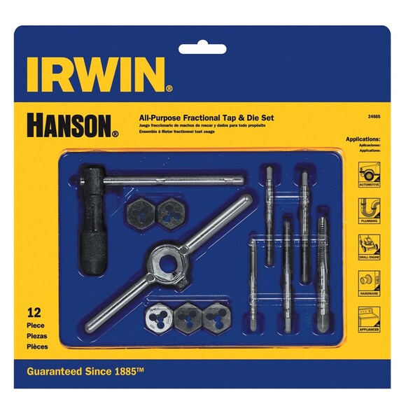 Hanson 12 Piece Machine Screw / Fractional Tap and Hex Die Set - 24605