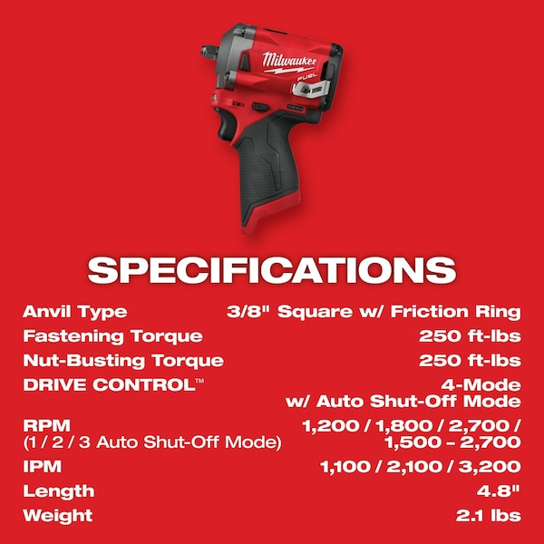 Milwaukee Tool M12 FUEL 3/8" Stubby Impact Wrench - 2554-20