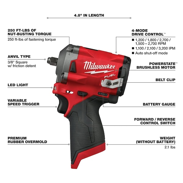 Milwaukee Tool M12 FUEL 3/8" Stubby Impact Wrench - 2554-20