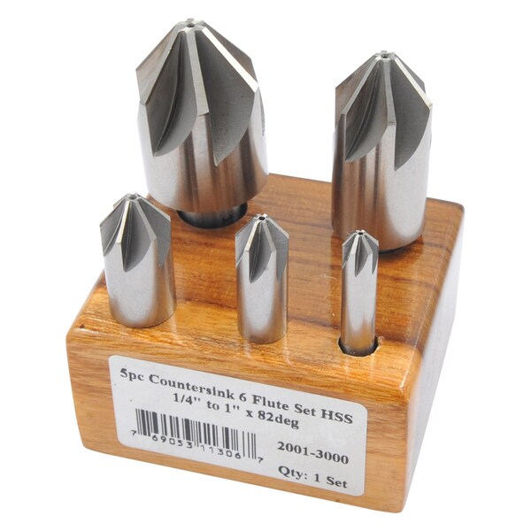 Hhip 1/4-1 in. 5 Piece 82 Degree 6 Flute High Speed Steel Chatterless Countersink Set - 2001-3000