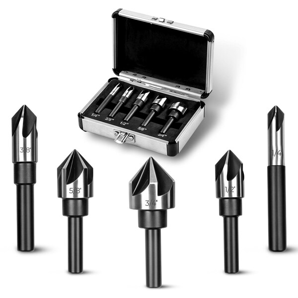 Av Steel Countersink Drill Bit Set, 5 Flute Pcs for Wood, Plywood, Plastic, Mild Steel w/ Aluminum Case - AV - 500105
