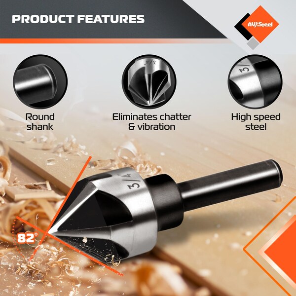 Av Steel Countersink Drill Bit Set, 5 Flute Pcs for Wood, Plywood, Plastic, Mild Steel w/ Aluminum Case - AV - 500105