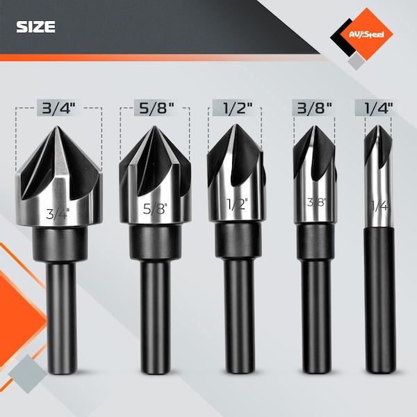 Av Steel Countersink Drill Bit Set, 5 Flute Pcs for Wood, Plywood, Plastic, Mild Steel w/ Aluminum Case - AV - 500105