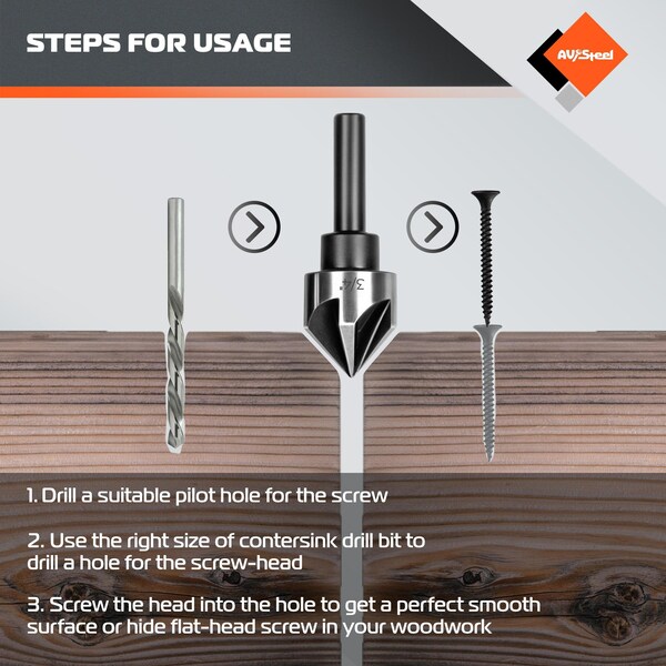 Av Steel Countersink Drill Bit Set, 5 Flute Pcs for Wood, Plywood, Plastic, Mild Steel w/ Aluminum Case - AV - 500105