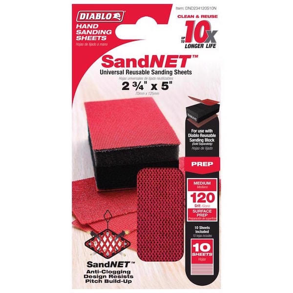 Bloque de lija de mano Diablo SandNet de 5 pulgadas de largo y 2-3/4 pulgadas de ancho con grano 120 medio - DND234120S10N