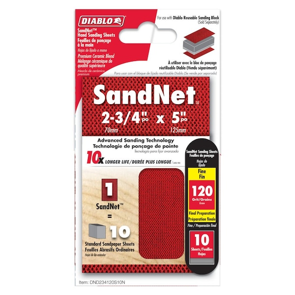 Bloque de lija de mano Diablo SandNet de 5 pulgadas de largo y 2-3/4 pulgadas de ancho con grano 120 medio - DND234120S10N