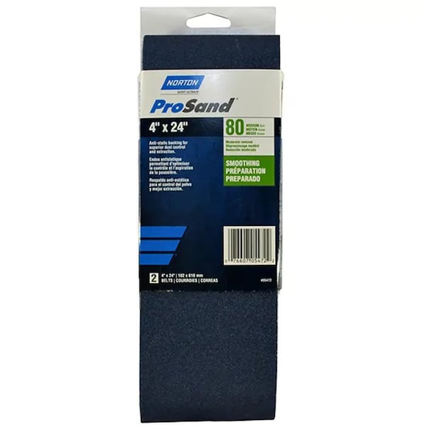 Cinturón de lijado portátil Norton Co 4" x 24" ProSand BlueFire de grano 80, paquete de 2 - 05472