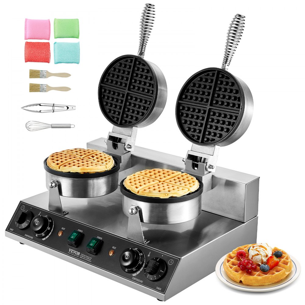 VEVOR Commercial Waffle Maker Dual-Head Round Waffle Iron 2460W Non-Stick - SYBLSHFBJZYBC5B6EV1