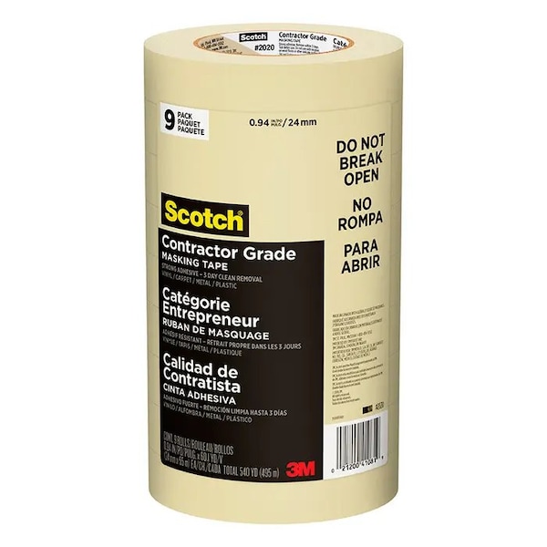 Cinta de enmascarar Scotch de grado de contratista, .94" x 60 Yds, color beige, paquete de 9 unidades - 2020-24AP-9
