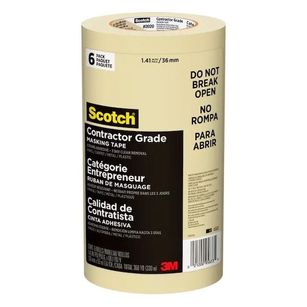 Cinta de enmascarar de grado de contratista Scotch, 1.88 pulgadas de ancho x 60 yardas de largo, paquete de 6 unidades - 2020-48TP-6