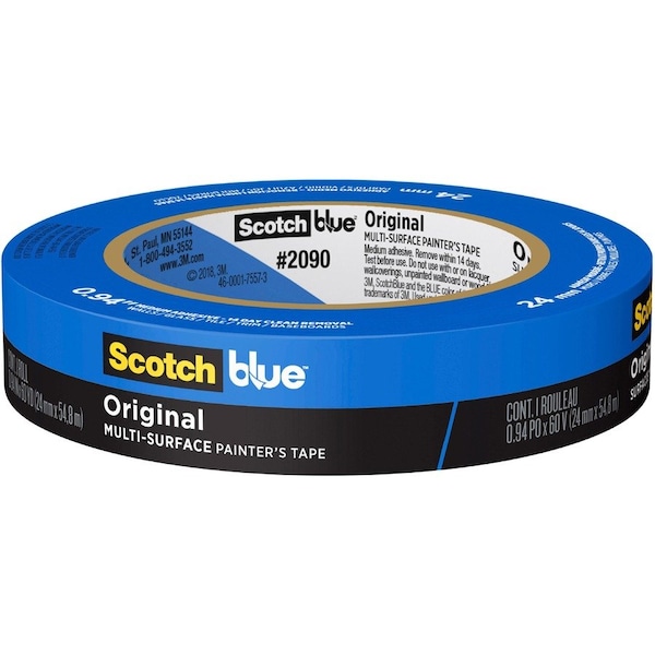 Cinta para pintor de 3M, 15/16 pulgadas de ancho x 60 yardas de largo, 5.4 mil de grosor, azul, Scotch Blue 2090, 1 paquete - 2090-24NC