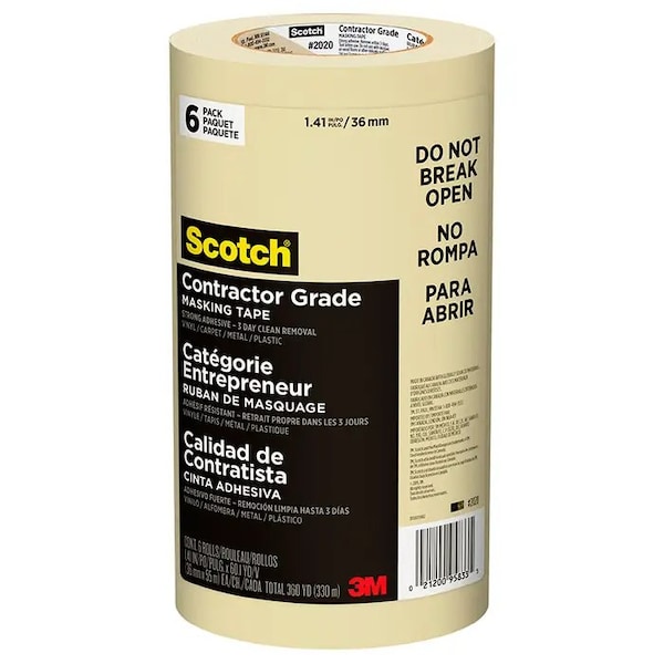 Cinta para enmascarar Scotch de grado contratista de 1.41" x 60 Yds en color beige, paquete de 6 - 2020-36AP-6